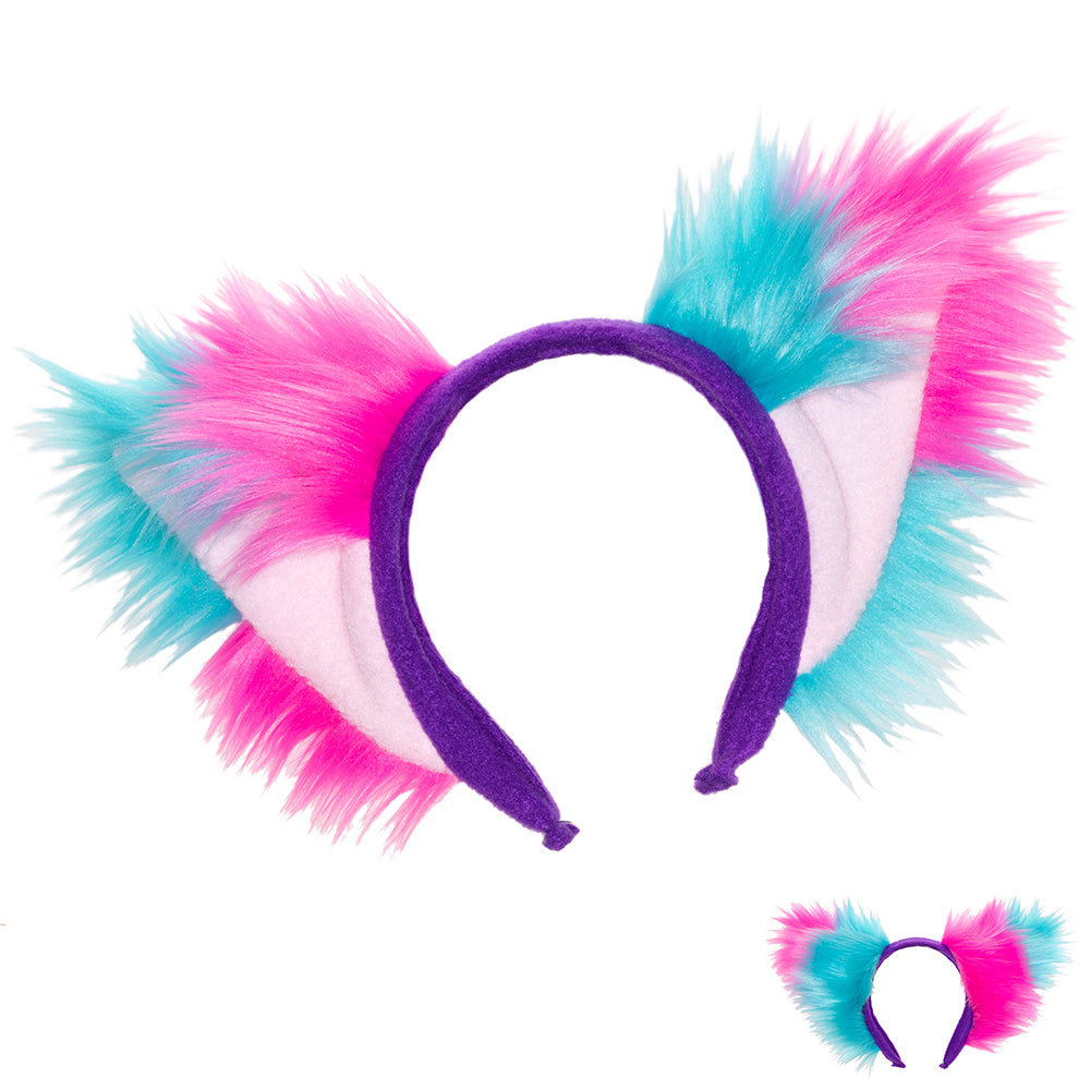 Asymmetrical Fox Yip Ear Headband for partial fursuit halloween costume and cosplay.  in cheshire cat alice in wonderland pink and turquoise