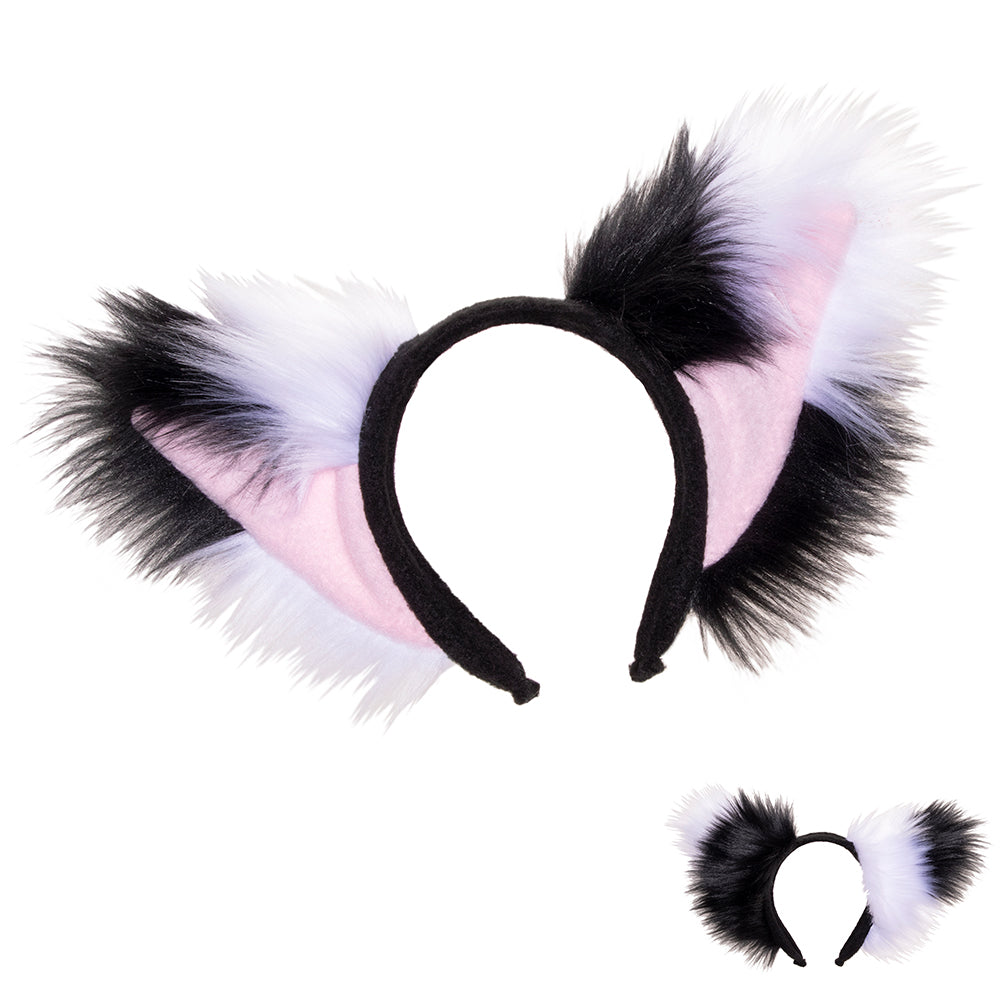 Asymmetrical Fox Yip Ear Headband for partial fursuit halloween costume and cosplay.  Gothy emo ears in black and white