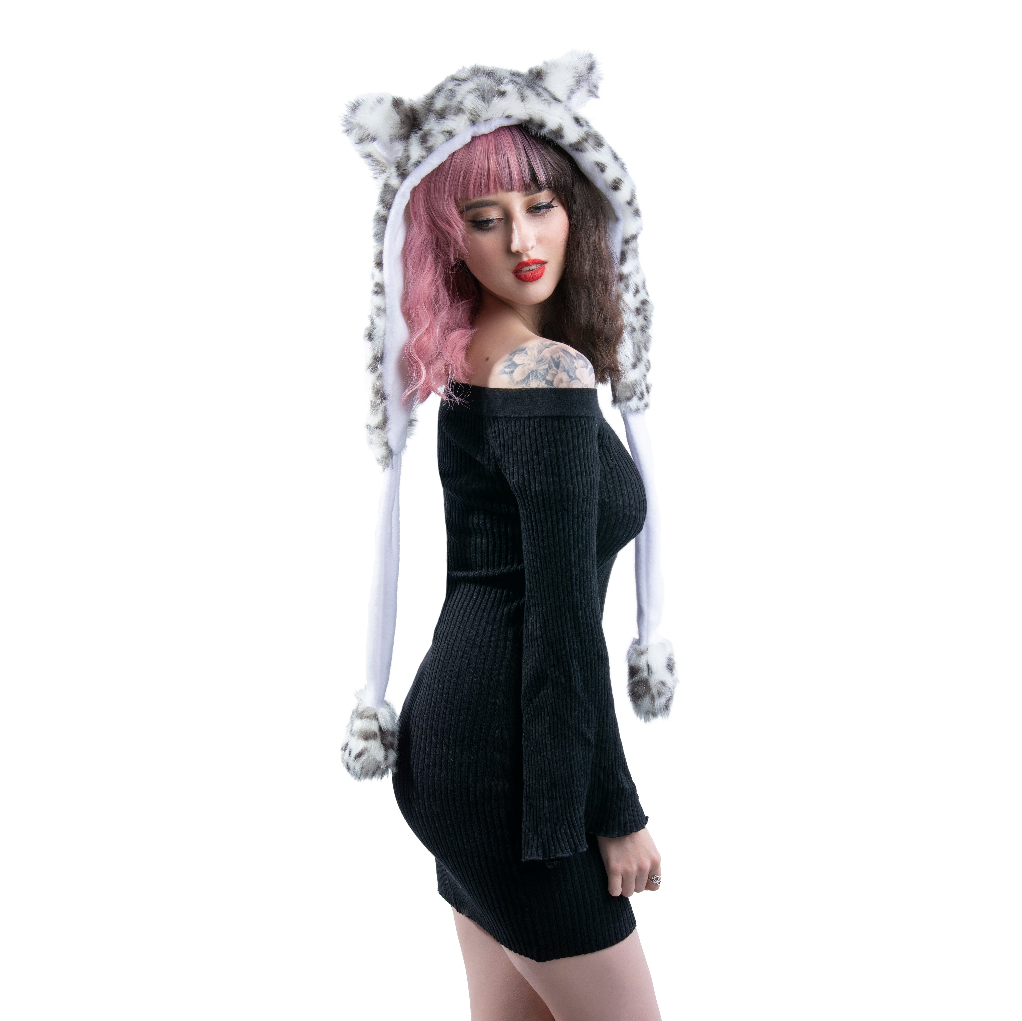 Snow Leopard Fluffy Mew Puffet Hood - Pawstar Pawstar Hoods cat, cosplay, costume, Feline, furry, hat, ship-15, ship-15day