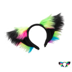 Pawstar Neon Rainbow Fur Fox Yip Ears Headband - fox ear headband for costumes, cosplay, fursuit, fashion, therian closeup