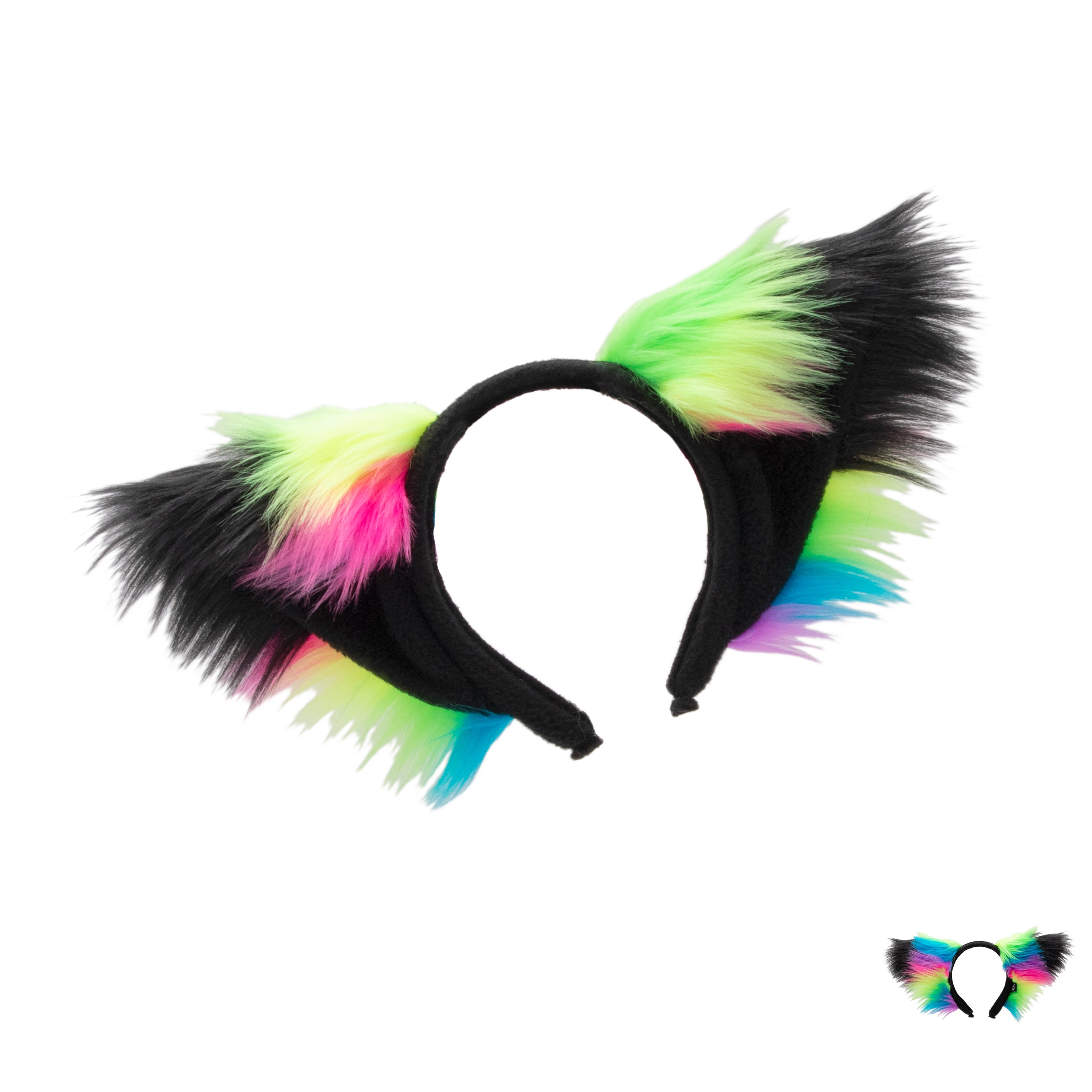 Pawstar Neon Rainbow Fur Fox Yip Ears Headband - fox ear headband for costumes, cosplay, fursuit, fashion, therian closeup