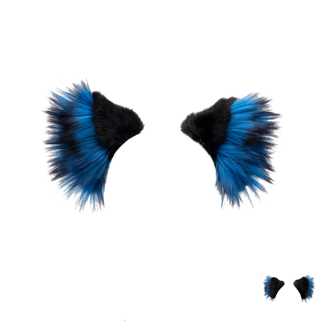 blue Pawstar fuffy wolf ear clip in ears. Halloween costume hair clips.
