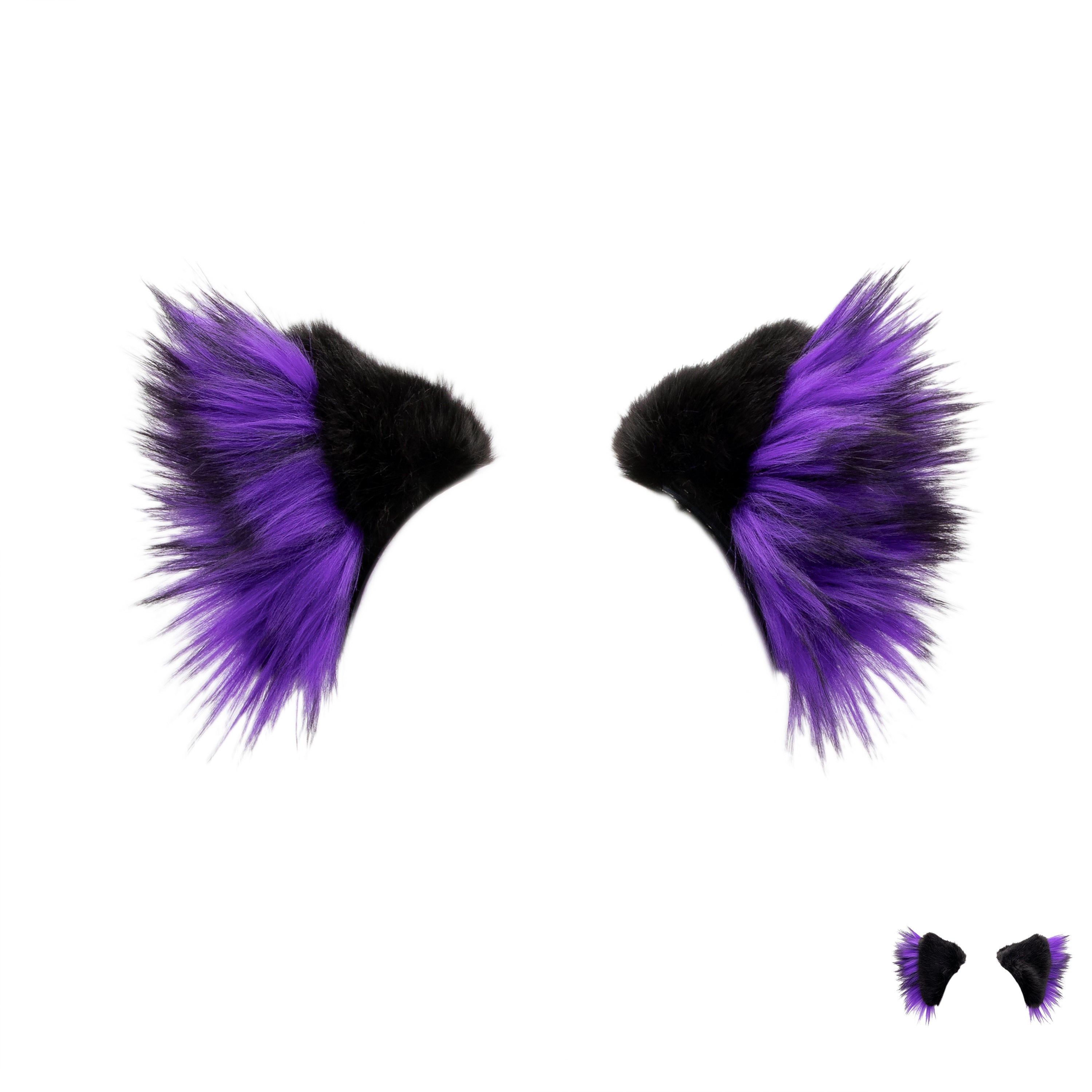 purple Pawstar fuffy wolf ear clip in ears. Halloween costume hair clips.