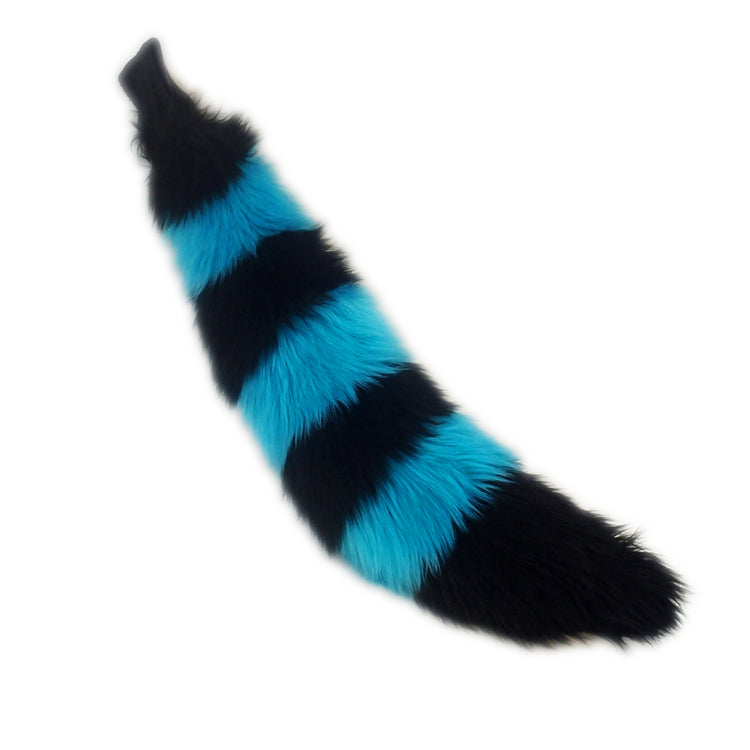 turquoise Pawstar fluffy stripey mini fox tail. Great for halloween costume and furry cosplay.