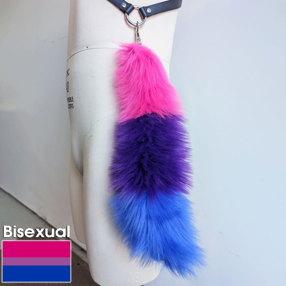 Pawstar branded gay pride keychain furry tail in the bisexual flag.