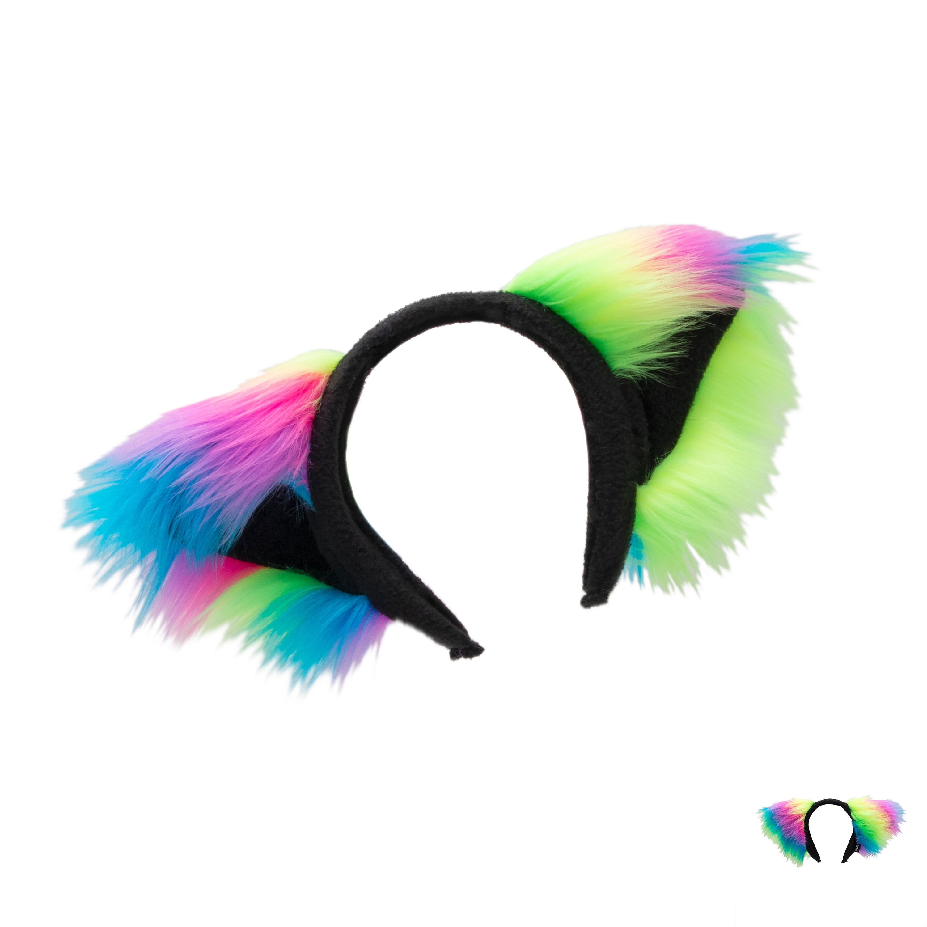 Rainbow Pawstar Neon Rainbow Fur Fluffy Mew Ear Headband - cat ear headband for costumes, cosplay, fursuit, fashion, therian closeup
