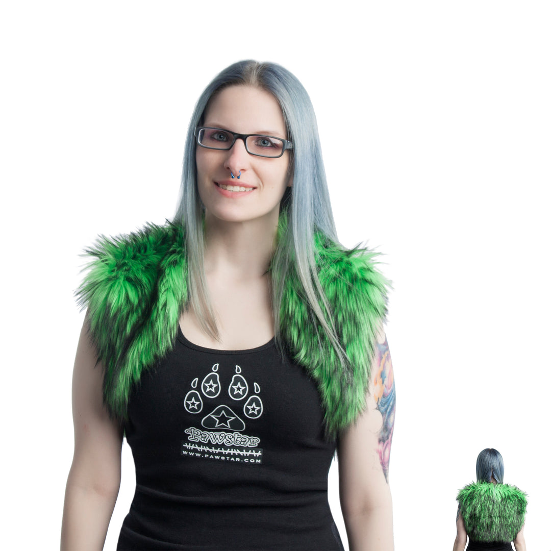 lime Pawstar faux fur fashion vest. For halloween costume and furry cosplay.