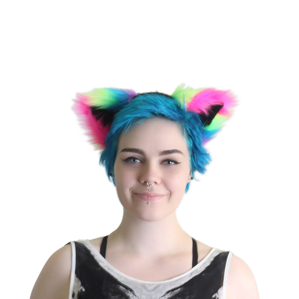 Rainbow Pawstar Neon Rainbow Fur Fluffy Mew Ear Headband - cat ear headband for costumes, cosplay, fursuit, fashion, therian model view