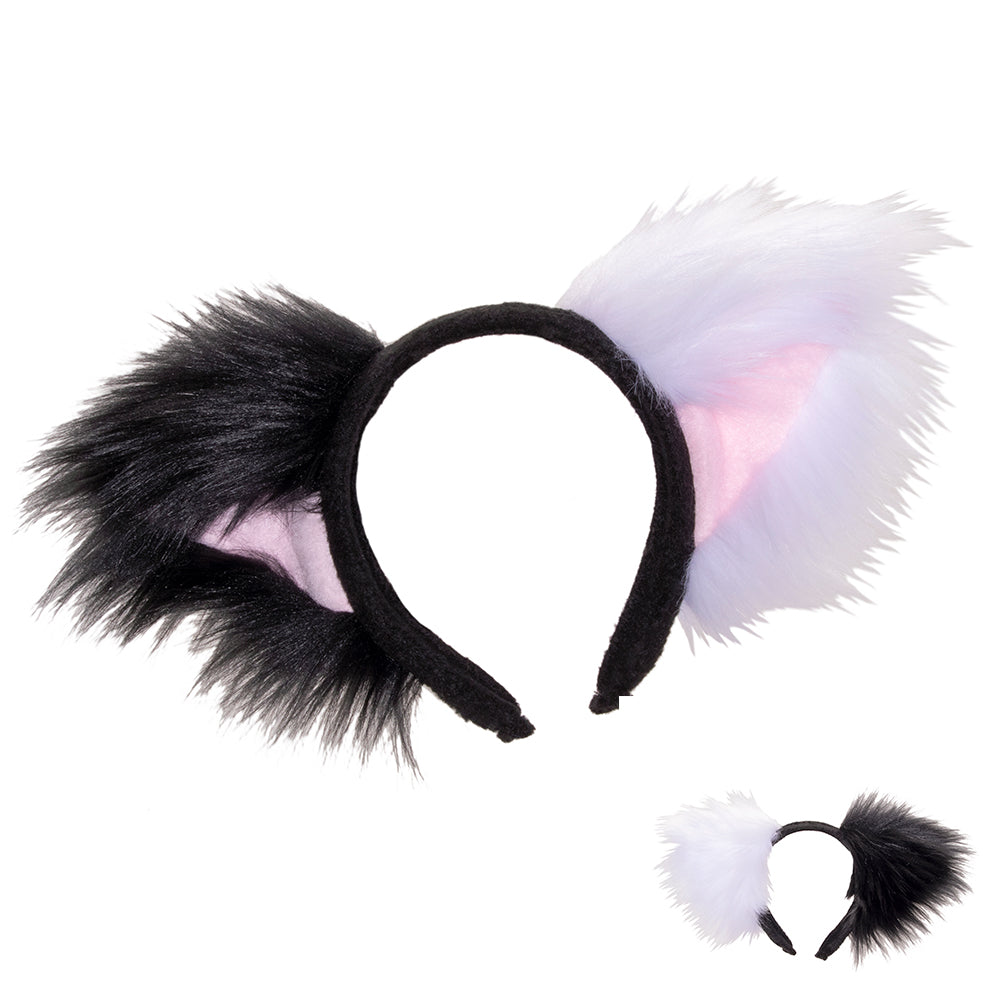 Black/White Pawstar Asymmetrical Fluffy Mew -  cat ear headband for costumes, cosplay, fursuit, fashion, therian, goth, emo