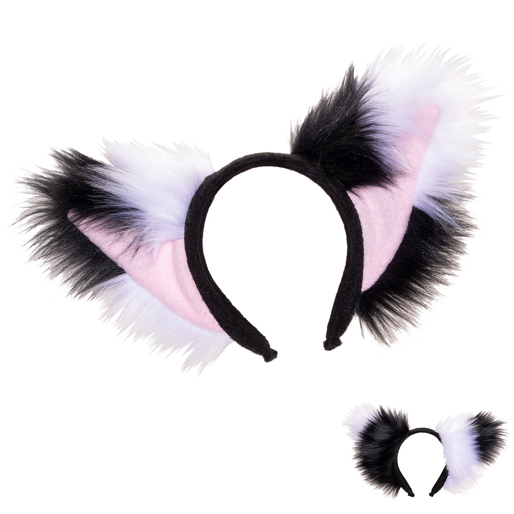 White Black Asymmetrical Fox Yip Ear Headband - fox ear headband for costumes, cosplay, fursuit, fashion, therian, emo, goth