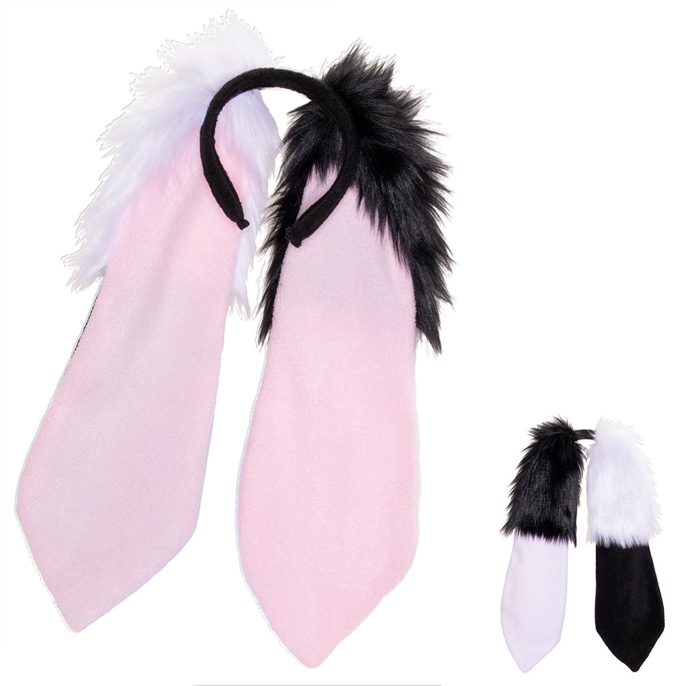 Black/White Asymmetrical Bunny Ear Headband - bunny ear headband for costumes, cosplay, fursuit, fashion, therian