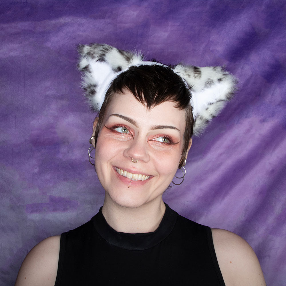 Pawstar Snow Leopard Fluffy Mew Headband - cat ear headband for costumes, cosplay, fursuit, fashion, therian model front