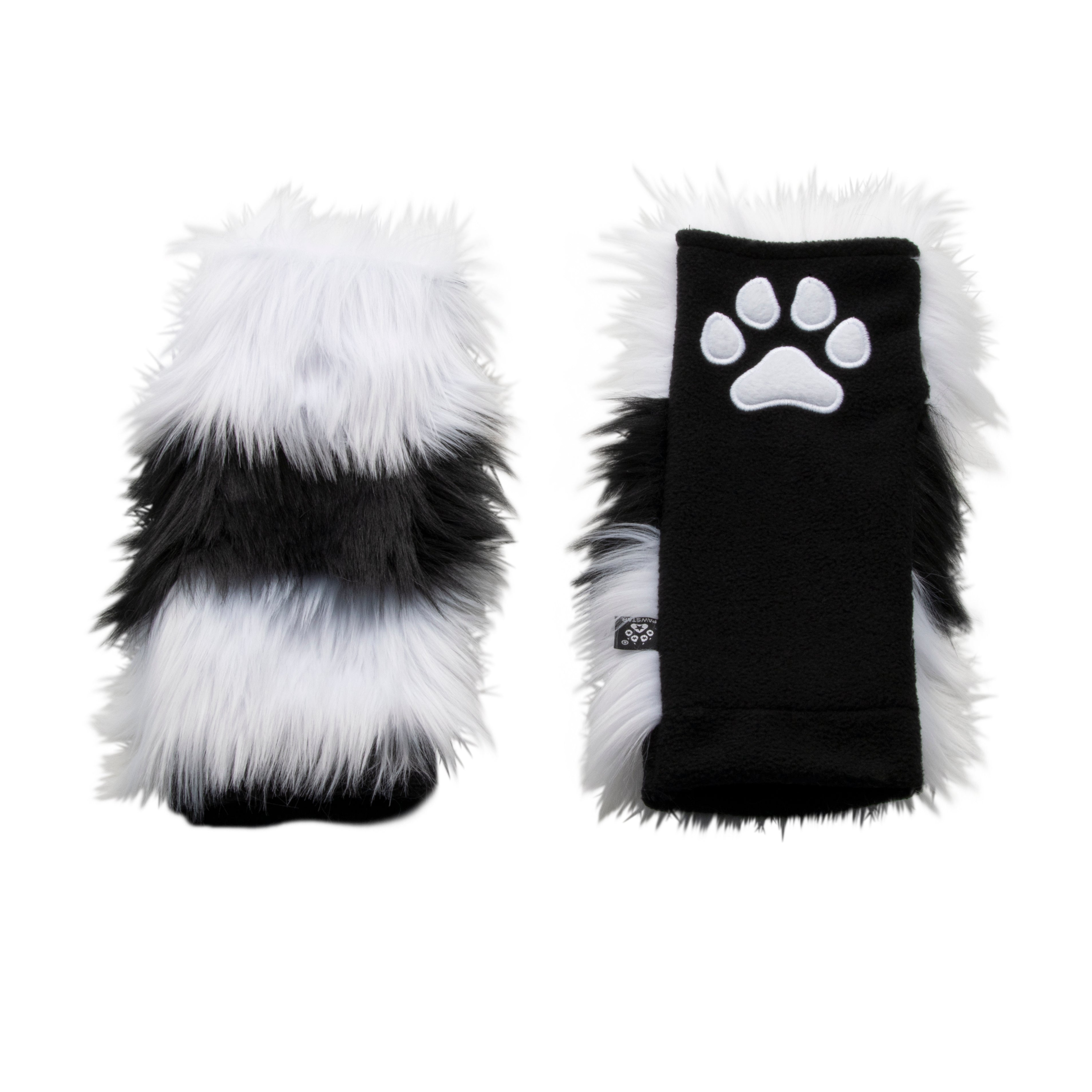 white and black Stripey Paw Warmer hand paw gloves by Pawstar.