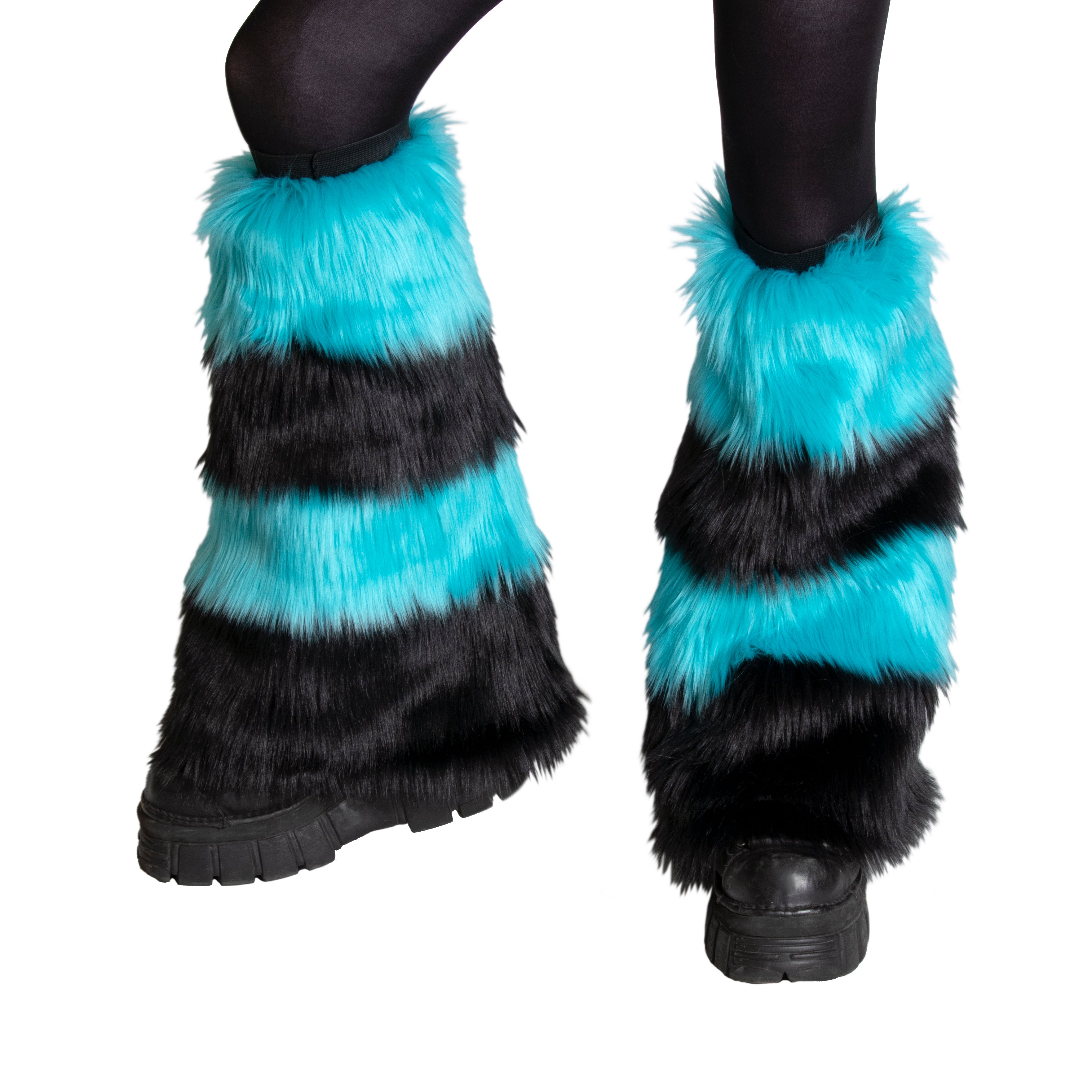turquoise Pawstar fluffy stripey dance rave leg warmer. Great for halloween costume and furry cosplay.