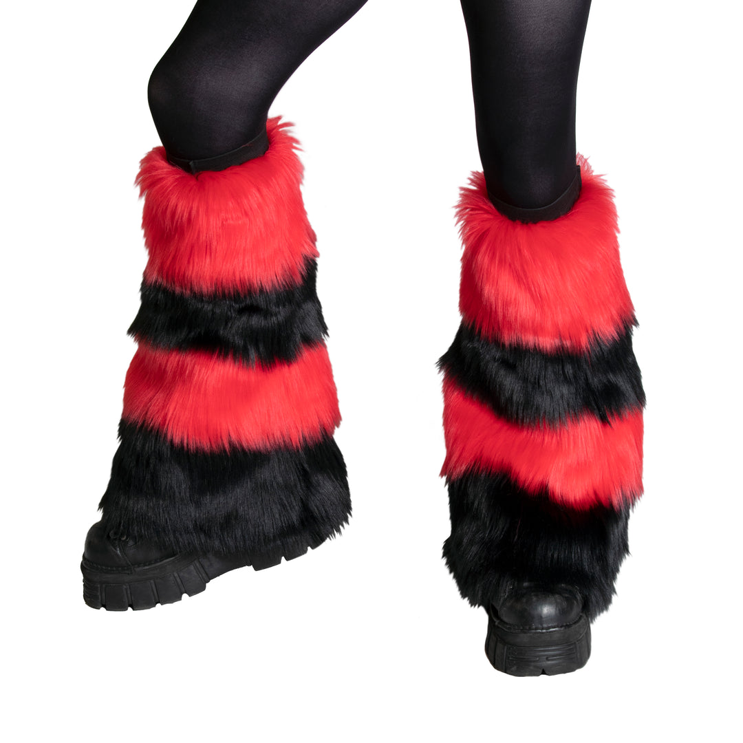 red Pawstar fluffy stripey dance rave leg warmer. Great for halloween costume and furry cosplay.