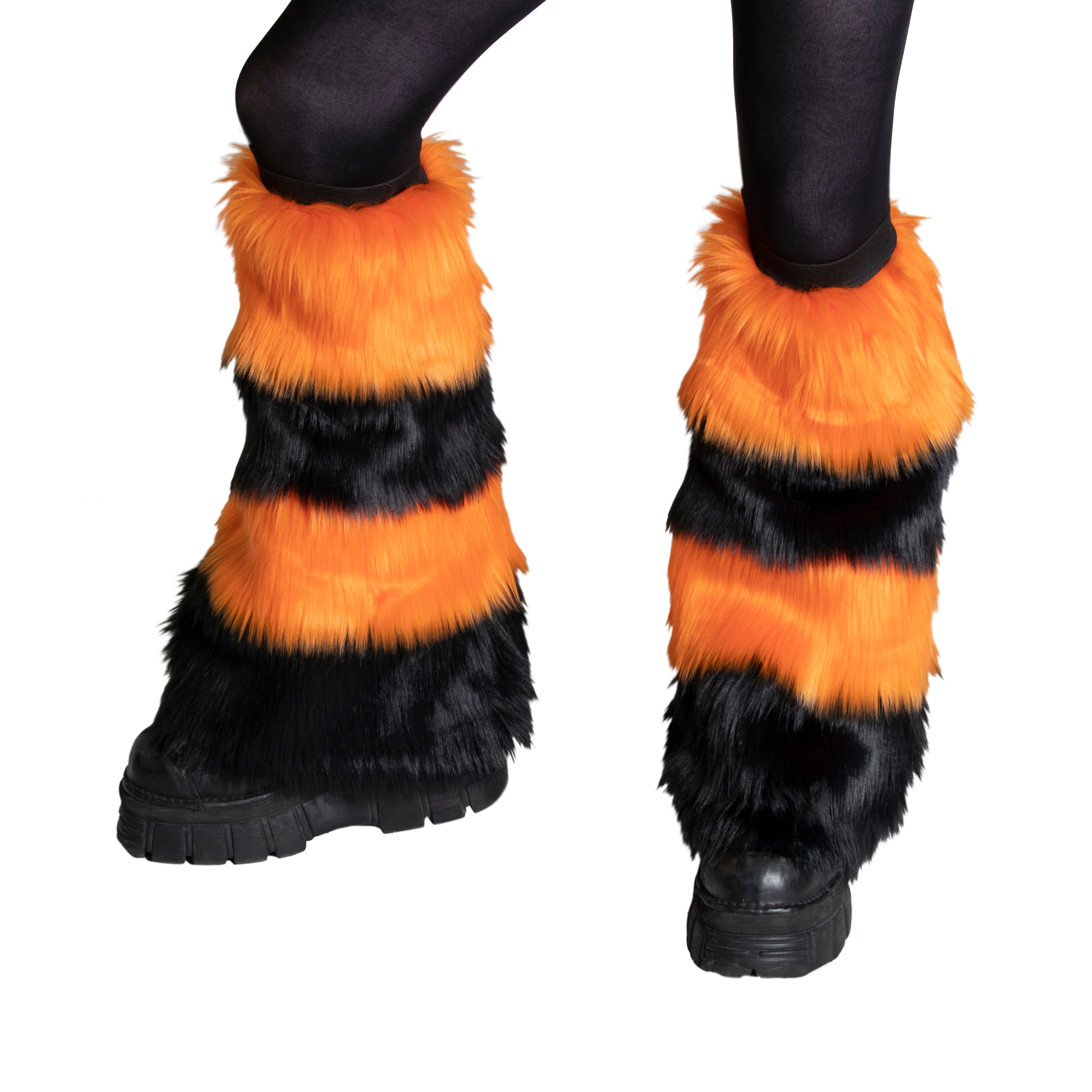 orange Pawstar fluffy stripey dance rave leg warmer. Great for halloween costume and furry cosplay.