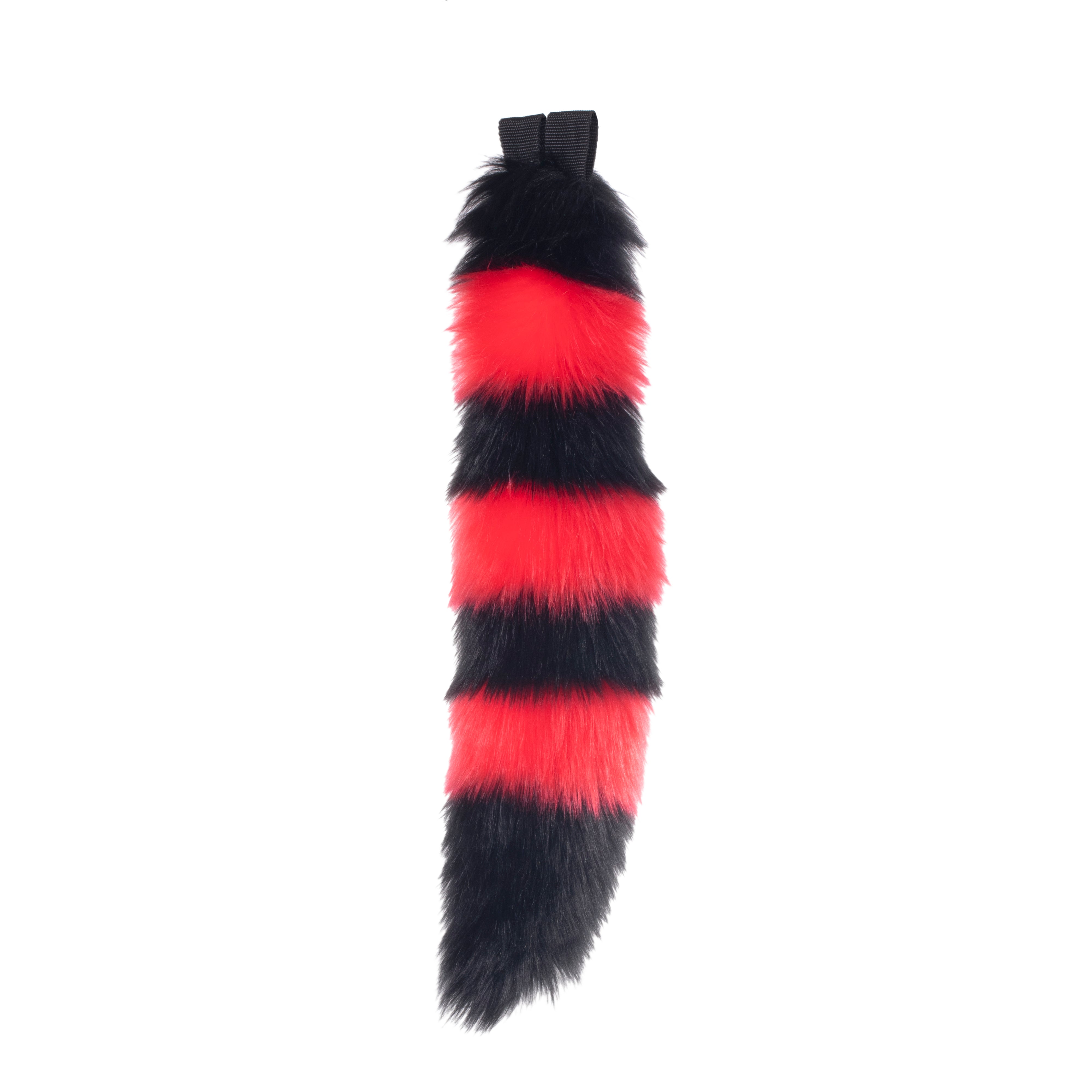 red Pawstar fluffy stripey mini fox tail. Great for halloween costume and furry cosplay.