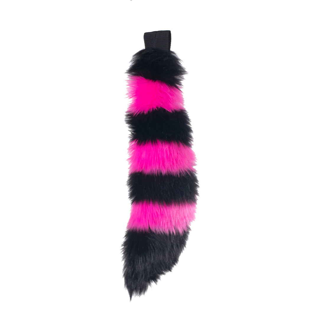 hot pink Pawstar fluffy stripey mini fox tail. Great for halloween costume and furry cosplay.