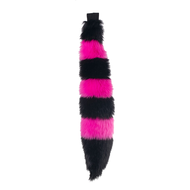 hot pink Pawstar stripey fluffy fox tail. Great for halloween costume and furry cosplay.