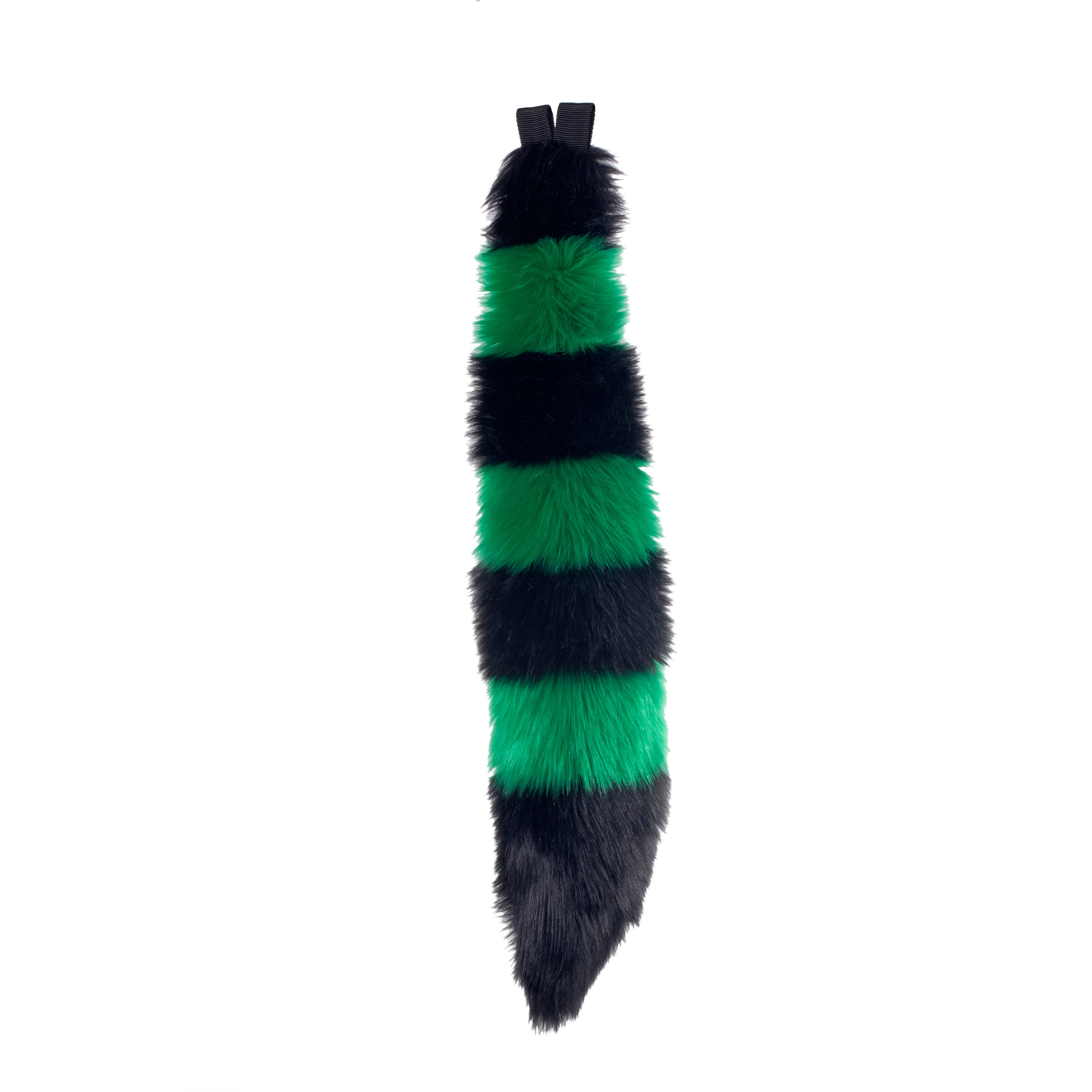 green Pawstar stripey fluffy fox tail. Great for halloween costume and furry cosplay.
