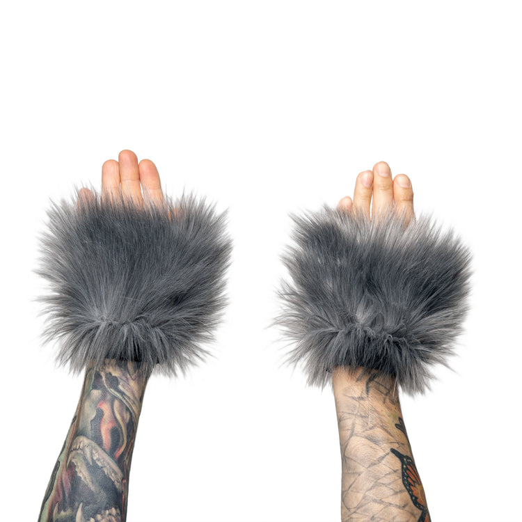 gray Monster Fur Fluffy Cuffs by Pawstar! Furry wrist cuffs made from faux fur for raves, cosplays, halloween, music festivals, and more.