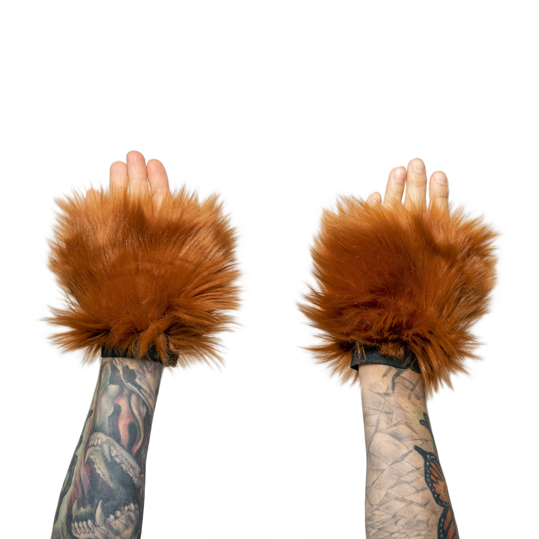 rust brown Monster Fur Fluffy Cuffs by Pawstar! Furry wrist cuffs made from faux fur for raves, cosplays, halloween, music festivals, and more.