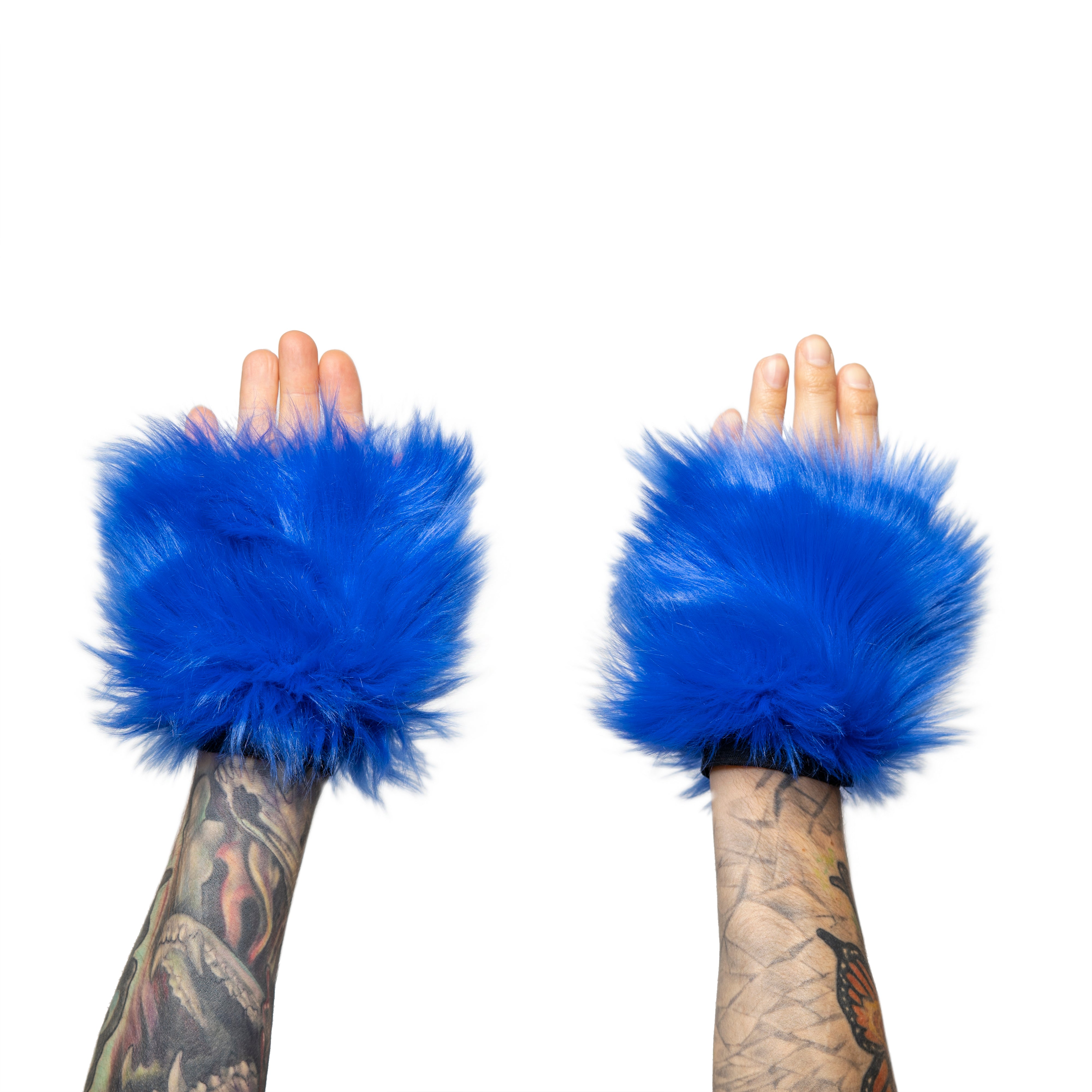 blue Monster Fur Fluffy Cuffs by Pawstar! Furry wrist cuffs made from faux fur for raves, cosplays, halloween, music festivals, and more.