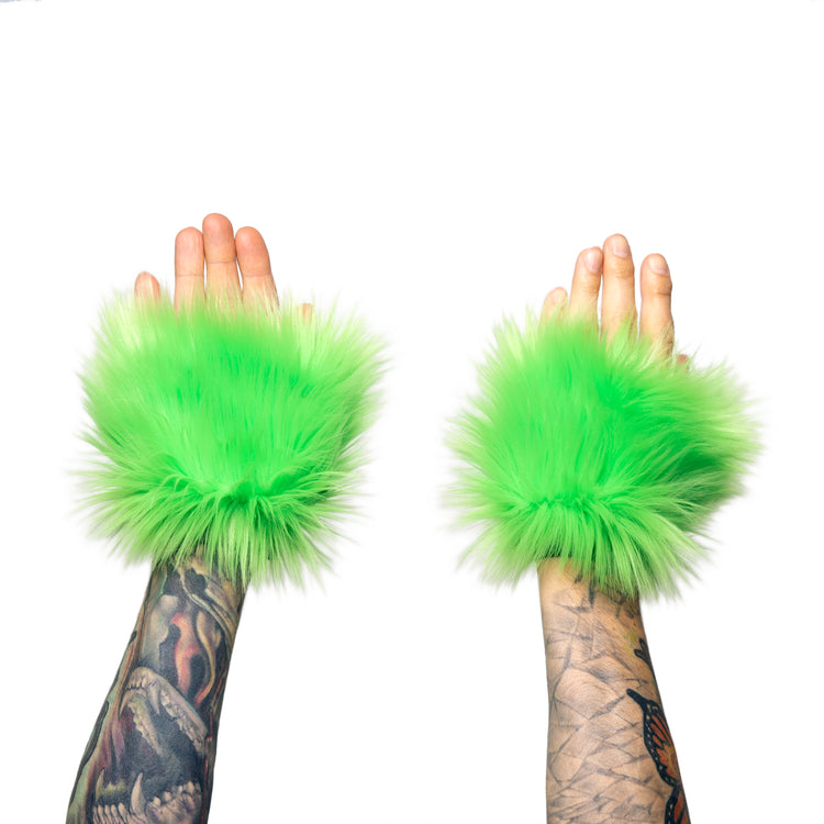 lime green Monster Fur Fluffy Cuffs by Pawstar! Furry wrist cuffs made from faux fur for raves, cosplays, halloween, music festivals, and more.