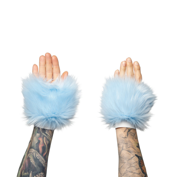 pastel baby blue Monster Fur Fluffy Cuffs by Pawstar! Furry wrist cuffs made from faux fur for raves, cosplays, halloween, music festivals, and more.