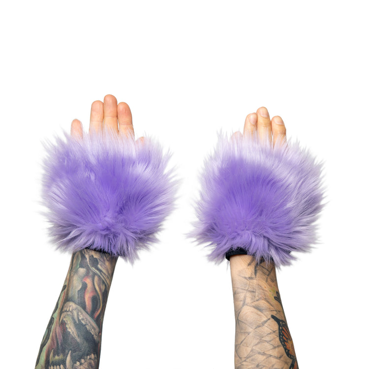 pastel lavender Monster Fur Fluffy Cuffs by Pawstar! Furry wrist cuffs made from faux fur for raves, cosplays, halloween, music festivals, and more.