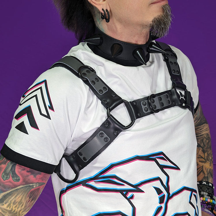 Bulldog Duo Tone Unisex torso leather Harness DSFusion Dark Star Fusion Pawstar goth pastel kawaii lolita harajuku fashion cybergoth punk cyberpunk rave raver festival dog fashion for furry furries