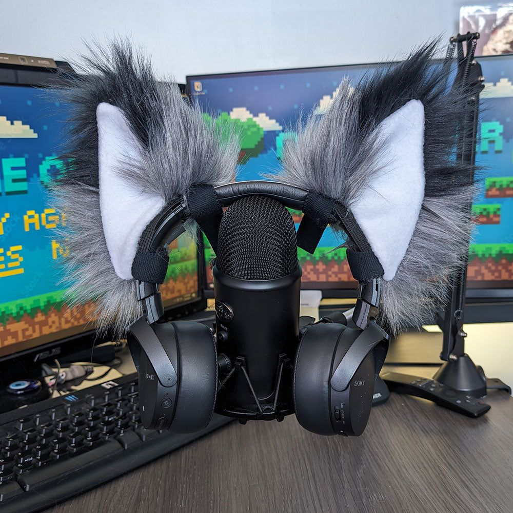 Gray Pawstar Fursonic Fox Headphone Ears - Fox ear headphone adapters for costumes, cosplay, fursuit, fashion, therian