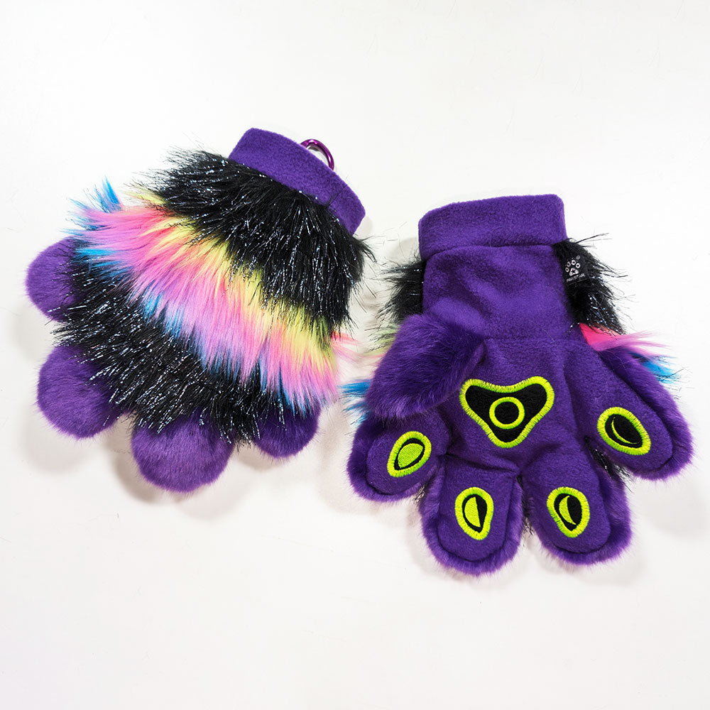 limited edition pawstar hand glove fursuit paws in purple and neon rainbow.