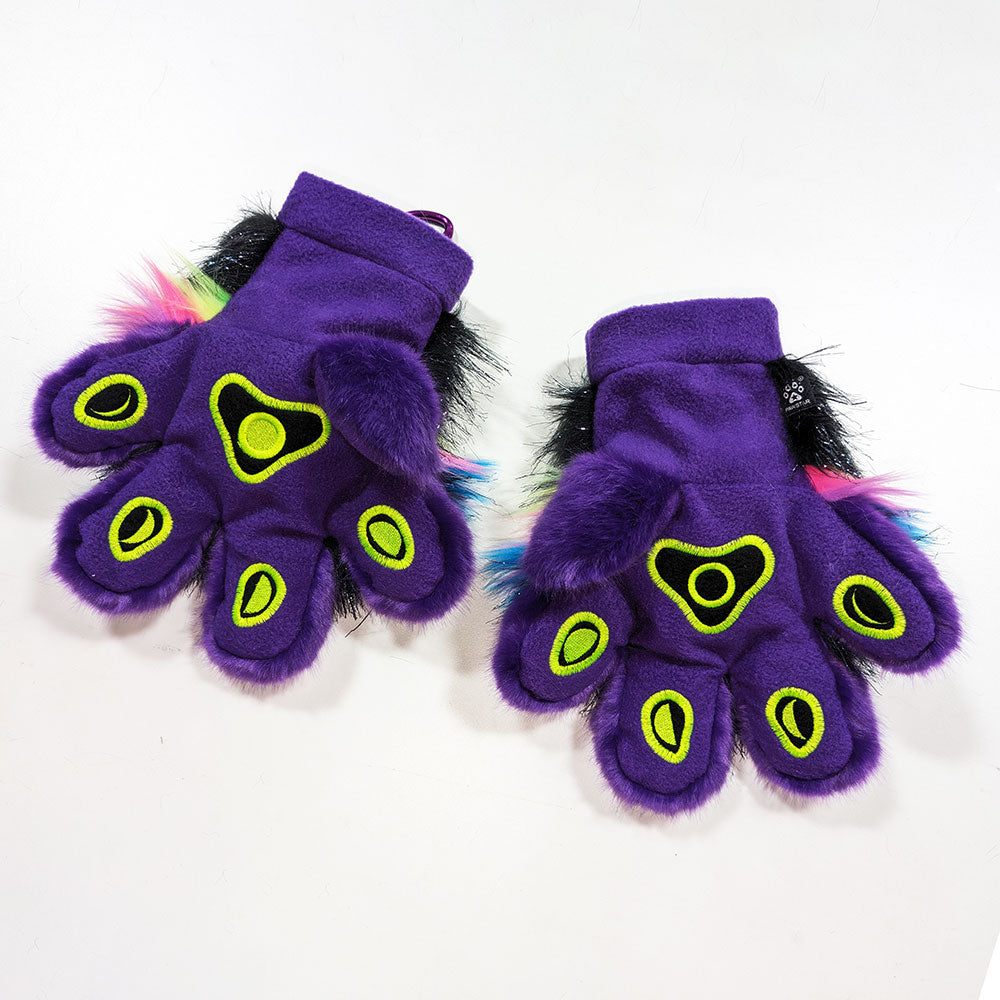limited edition pawstar hand glove fursuit paws in purple and neon rainbow.