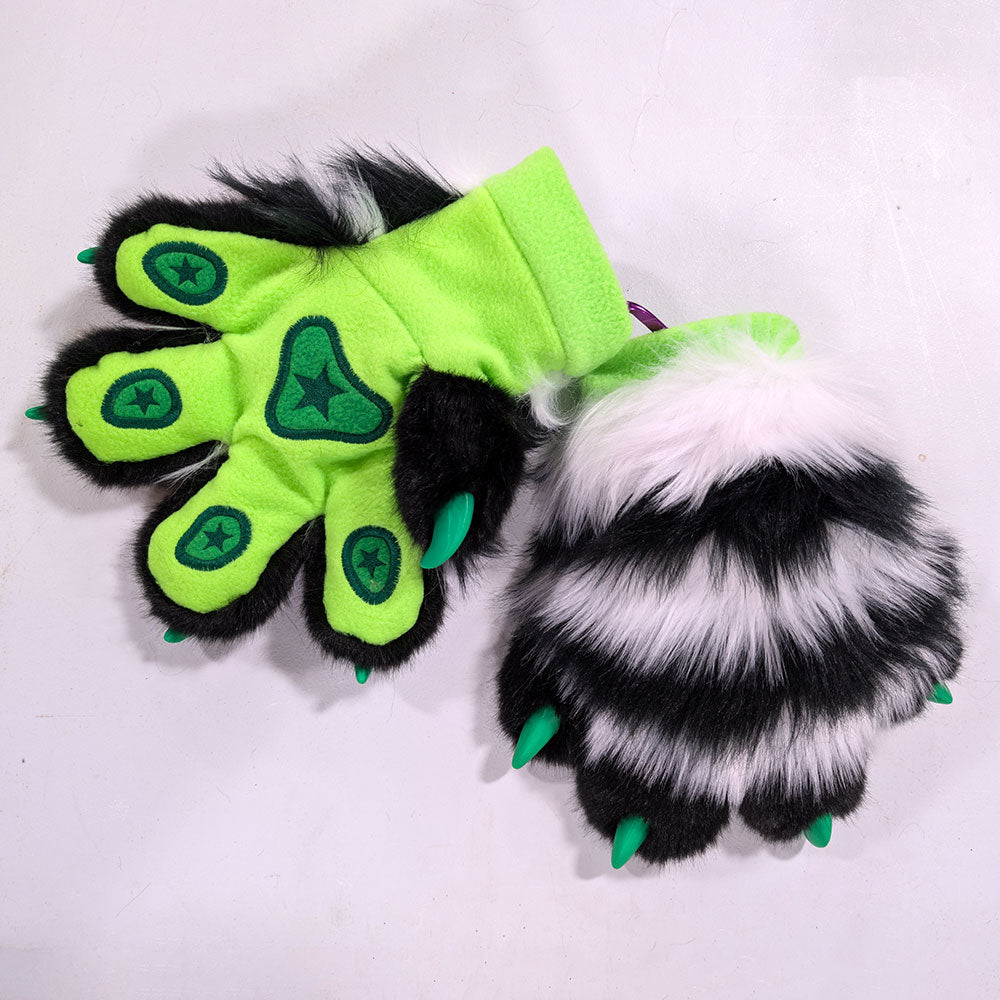 Pawstar halloween partial fursuit hand paw gloves costume in black white and lime