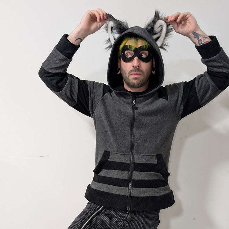 grey and black unisex raccoon hoodie jacket