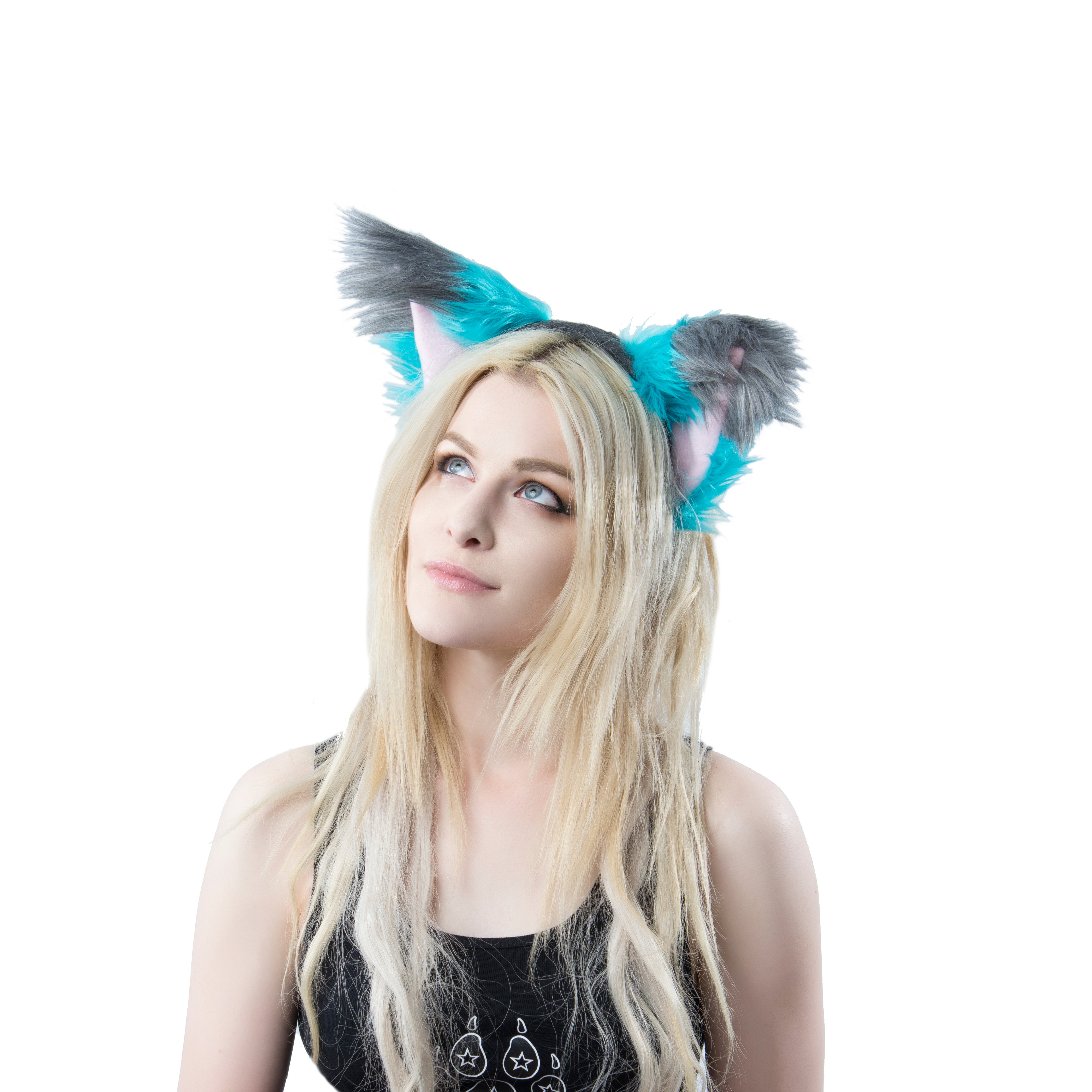 Teal/Gray Cheshire Fox Ear Headband  - fox ear headband for costumes, cosplay, fursuit, fashion, therian, alice in wonderland model