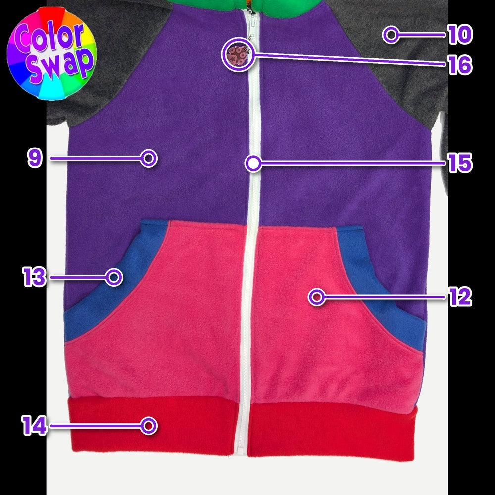 pawstar furry custom commission color-swap hoodie jacket  made out of fleece and faux fur in the theme of a bunny rabbit.