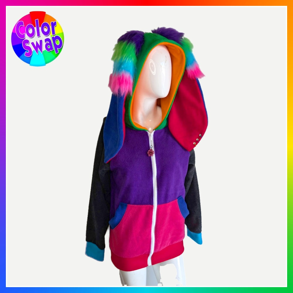 pawstar furry custom commission color-swap hoodie jacket  made out of fleece and faux fur in the theme of a bunny rabbit.