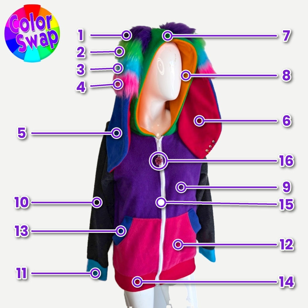 pawstar furry custom commission color-swap hoodie jacket  made out of fleece and faux fur in the theme of a bunny rabbit.