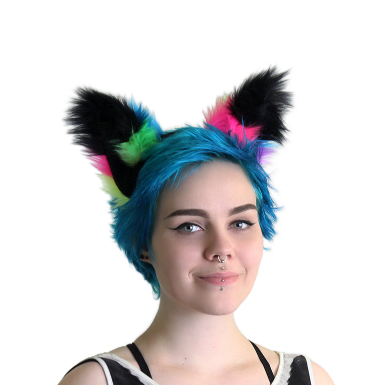 Pawstar Neon Rainbow Fur Fox Yip Ears Headband - fox ear headband for costumes, cosplay, fursuit, fashion, therian model