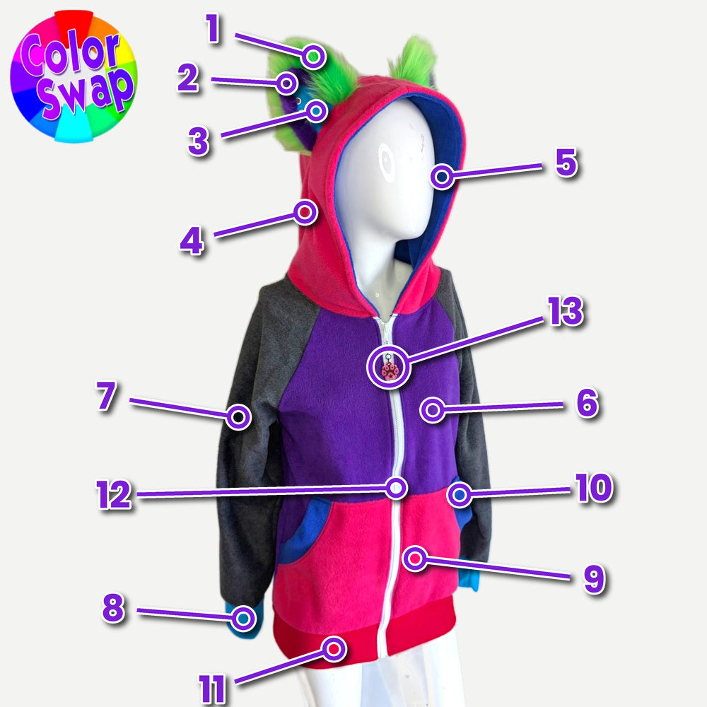 A color-swap hoodie on a white mannequin torso, with numbered callouts pointing to different color sections and a 'Color Swap' graphic in the top left corner.