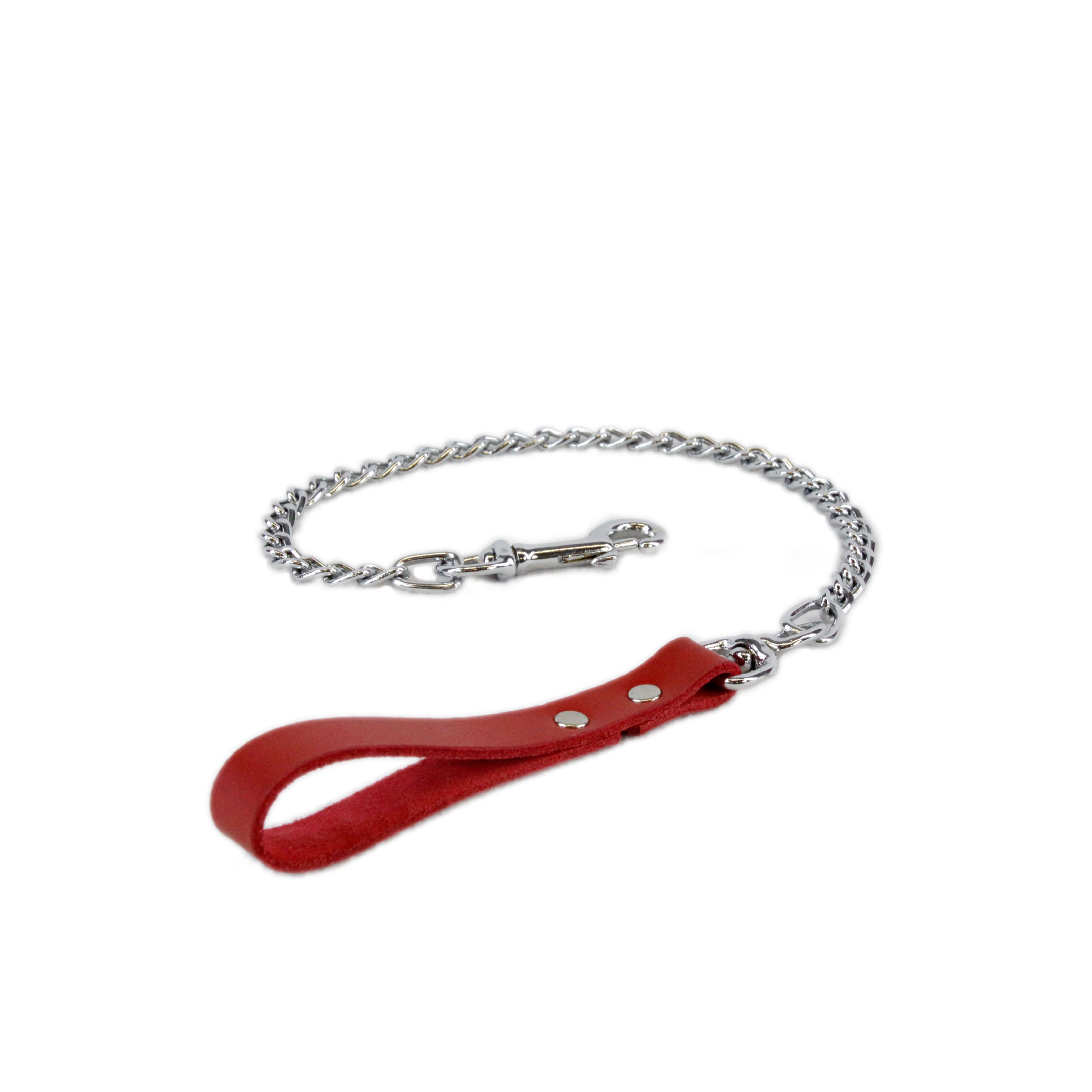 red Pawstar leather handled metal leash.