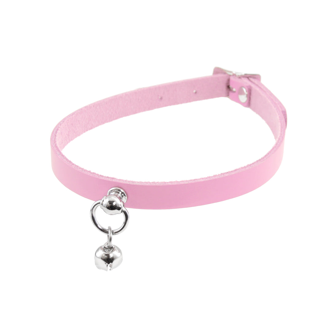 pastel pink Pawstar leather Mini Kitty Bell collar for costume cosplay and cat girls.