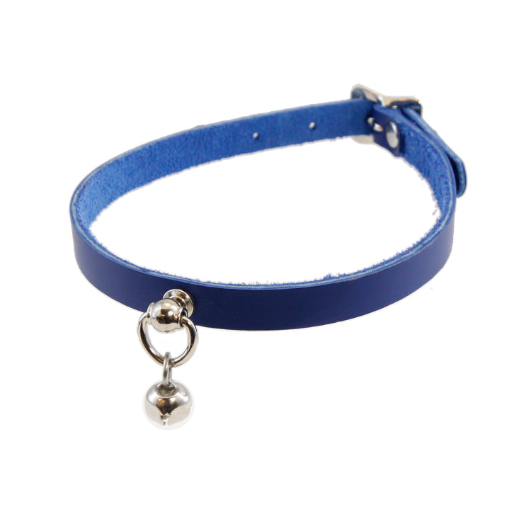 blue Pawstar leather Mini Kitty Bell collar for costume cosplay and cat girls.