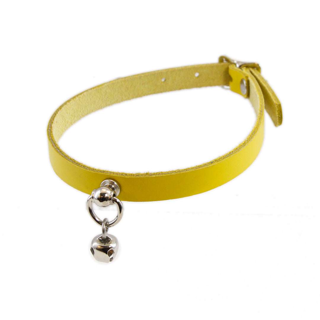 yellow Pawstar leather Mini Kitty Bell collar for costume cosplay and cat girls.