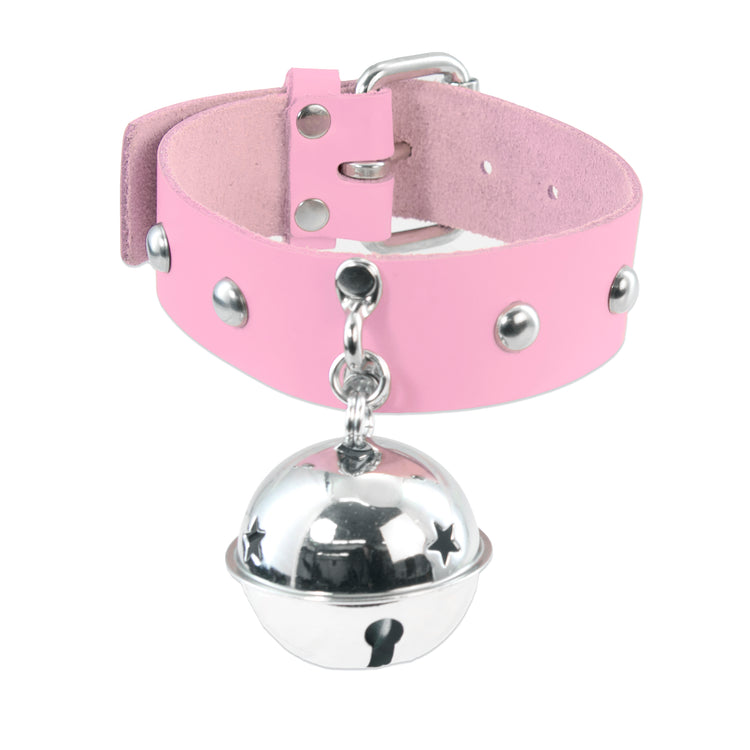 pastel pink Pawstar BIG Kitty Bell Collar. Made from real leather in the usa. Great for fursuits, cosplay, fashion and more.