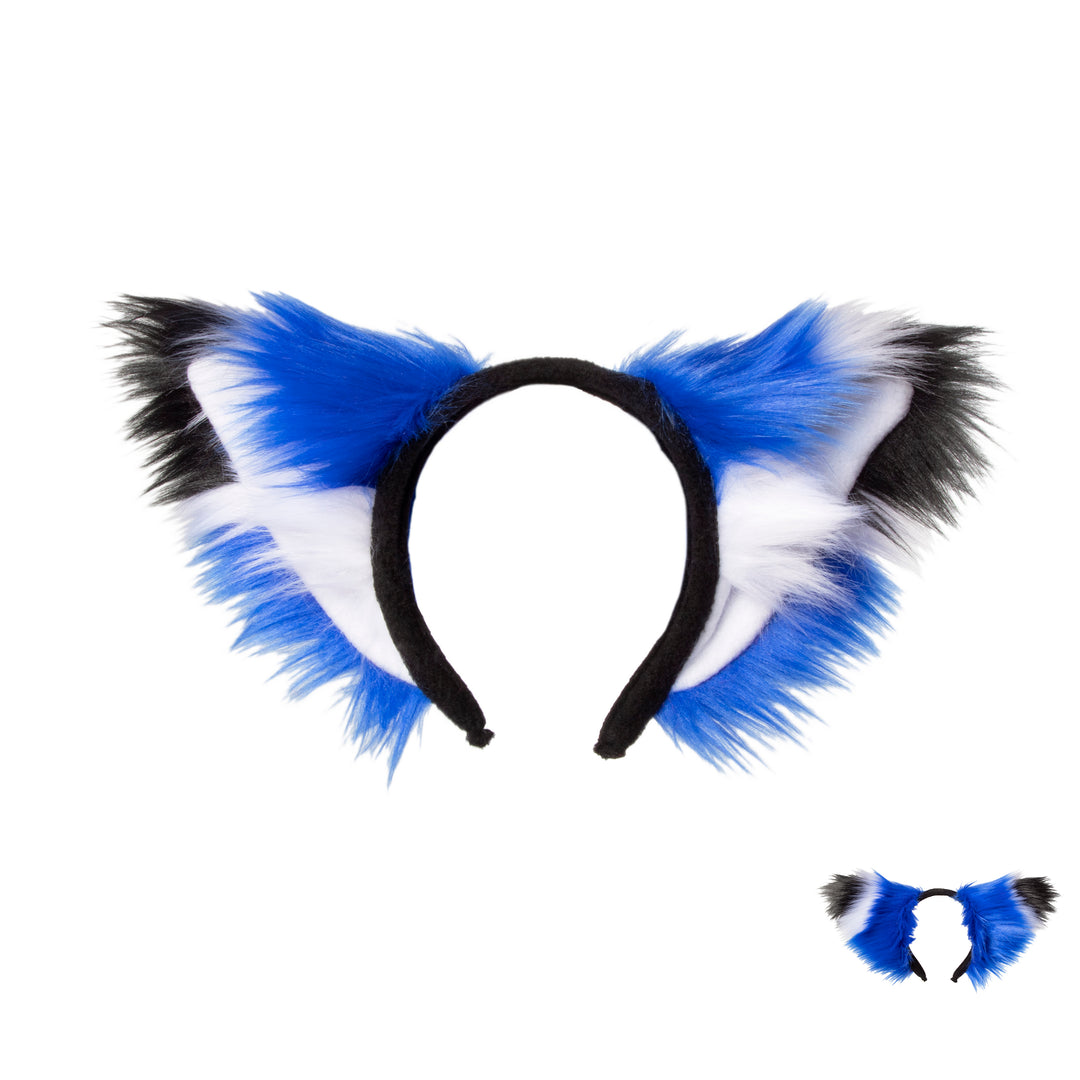 Pawstar furry blue fox plus ear headband with white and black accent. Made from vegan friendly faux fur and fleece.