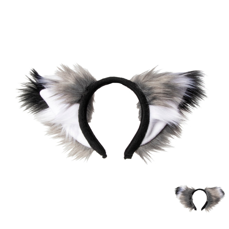 Pawstar furry gray fox plus ear headband with white and black accent. Made from vegan friendly faux fur and fleece.