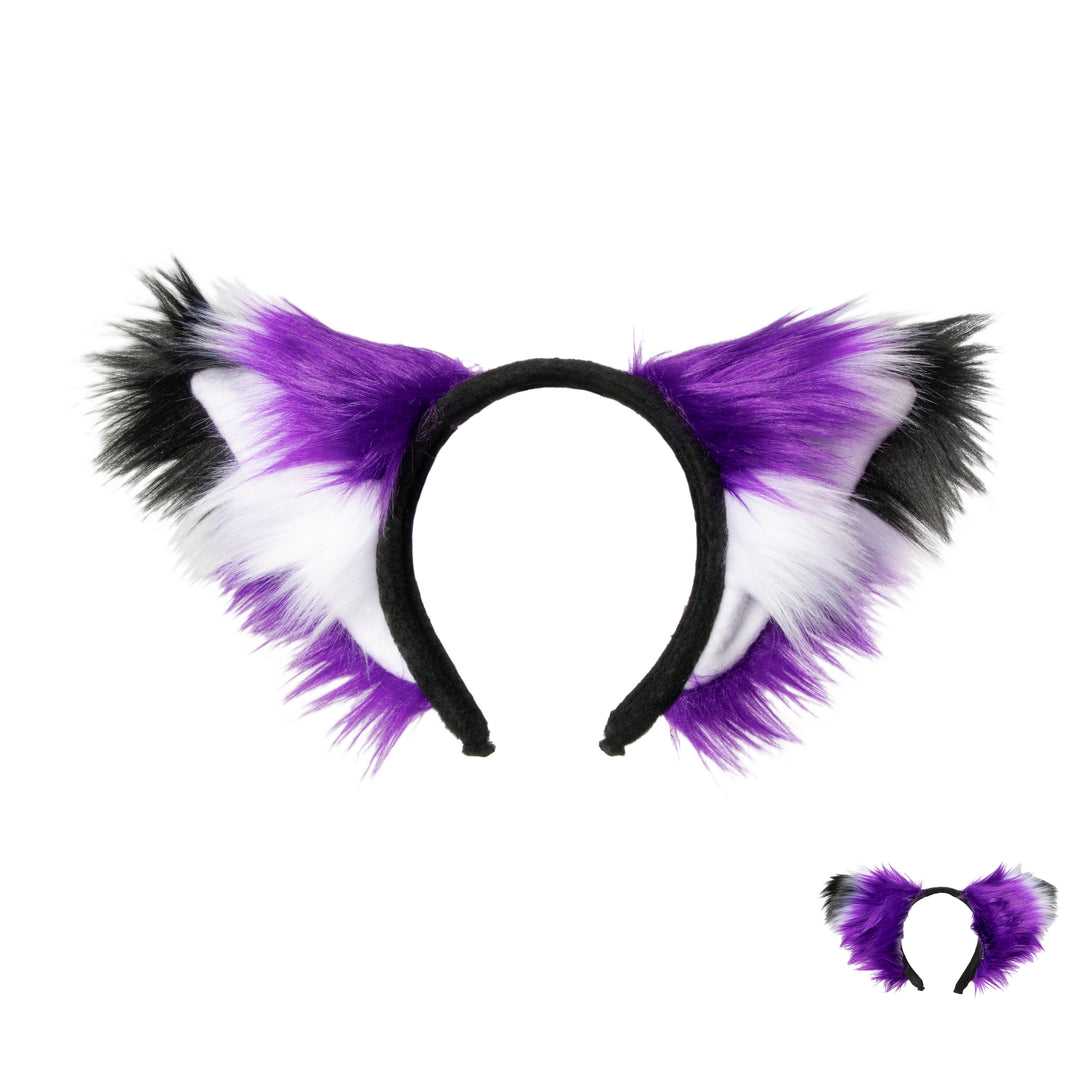 Pawstar furry purple fox plus ear headband with white and black accent. Made from vegan friendly faux fur and fleece.